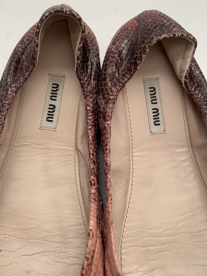 Miu Miu Brown Pink Leather Python Embossed Ombre Ballet Flats w/ Bow Size 37 - Image 2 of 4