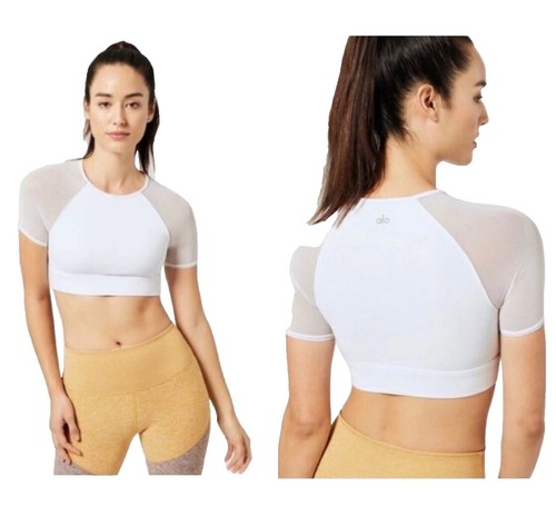 alo yoga Crop Bra Tank ホワイト XXS Alo Yoga Crop Tank Top White/Gray High Neck Open Mesh Back Bra