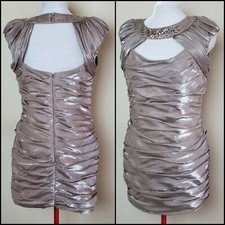 Davids Bridal Womens Size 12 Champagne Ruched Dress Bodycon Sleeveless Cap