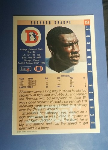 1993 Score Football Card #154 Shannon Sharpe - Denver Broncos - Imagen 2 de 2