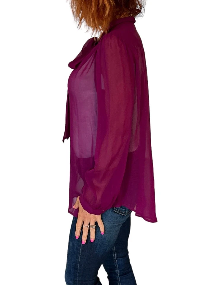 DKNY DONNA KARAN NEW YORK FUSCHIA GRAY SHEER PUSSYBOW NECK TIE SILK CHIFFON M - Image 4 of 4