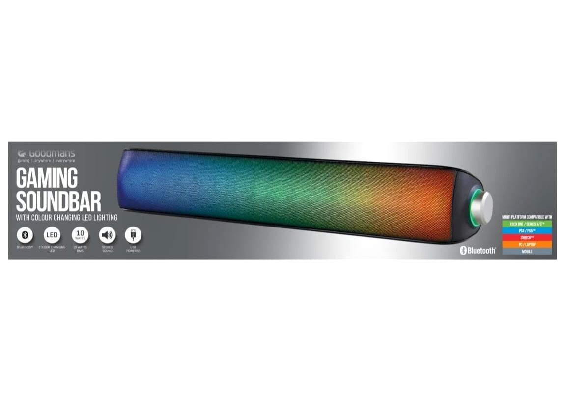 Goodmans Gaming Soundbar Colour Changing LED Lighting Multi Platform  Bluetooth