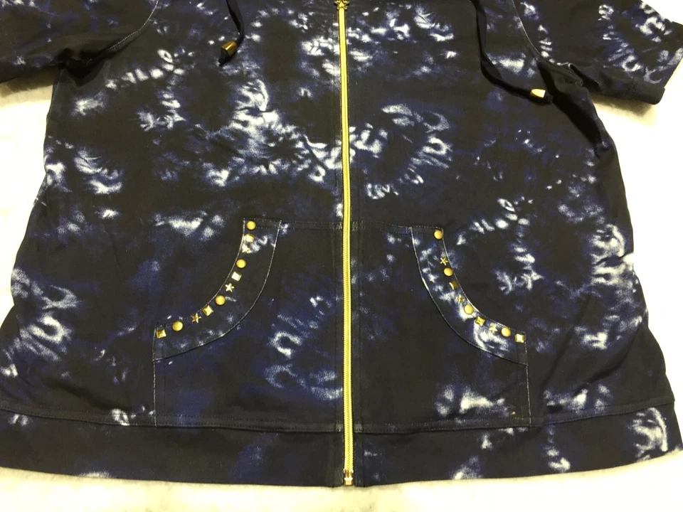 Sudadera Three Hearts Mujer XL Azul Blanco Teñida Cremallera Completa Bolsillos Cortos Tachonados Foto 3 de 4