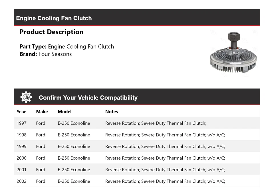 Embrague ventilador refrigeración motor Econoline Ford E-250 1997-2002 4 estaciones 1998 1999 Foto 2 de 4