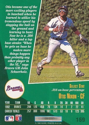#159 ATLANTA BRAVES # OTIS NIXON - CF # BASEBALL CARD SCORE SELECT MLB 1992 - Photo 2/2