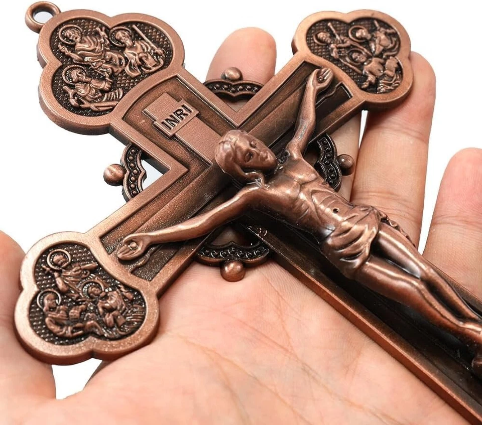 Медное покрытие стоящее распятие с декоративной подставкой религиозный антикварный крест - Изображение 2 из 4