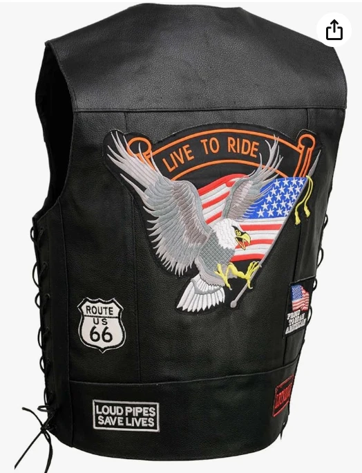 Men Black Leather Biker Vest Motorcycle Riding Waistcoat USA Live To Ride Patchs
