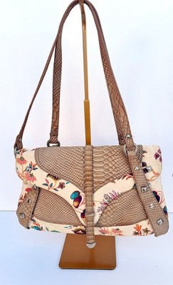 Authentic Roberto Cavalli Freedom Y2K Boho Floral Snake Studded Bag Cream