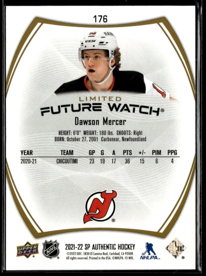 2021-22 SP Authentic Limited Gold Dawson Mercer Rookie 66/99 #176 - Image 2 of 2