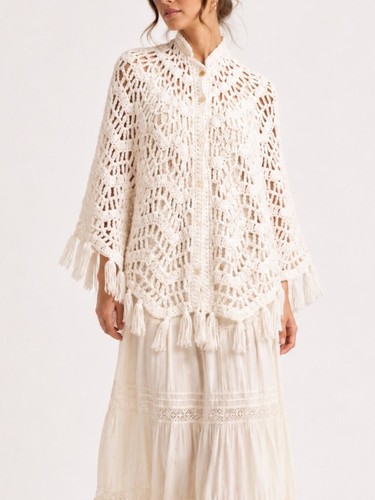 Boho Hand-Crocheted Fringe Shawl Cardigan | Open Knit Poncho | One Size