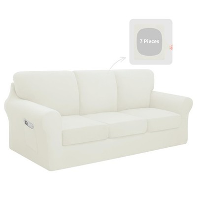 7-Piece Washable Stretch Sofa Cover Set for 3-Cushion Couch Ivory