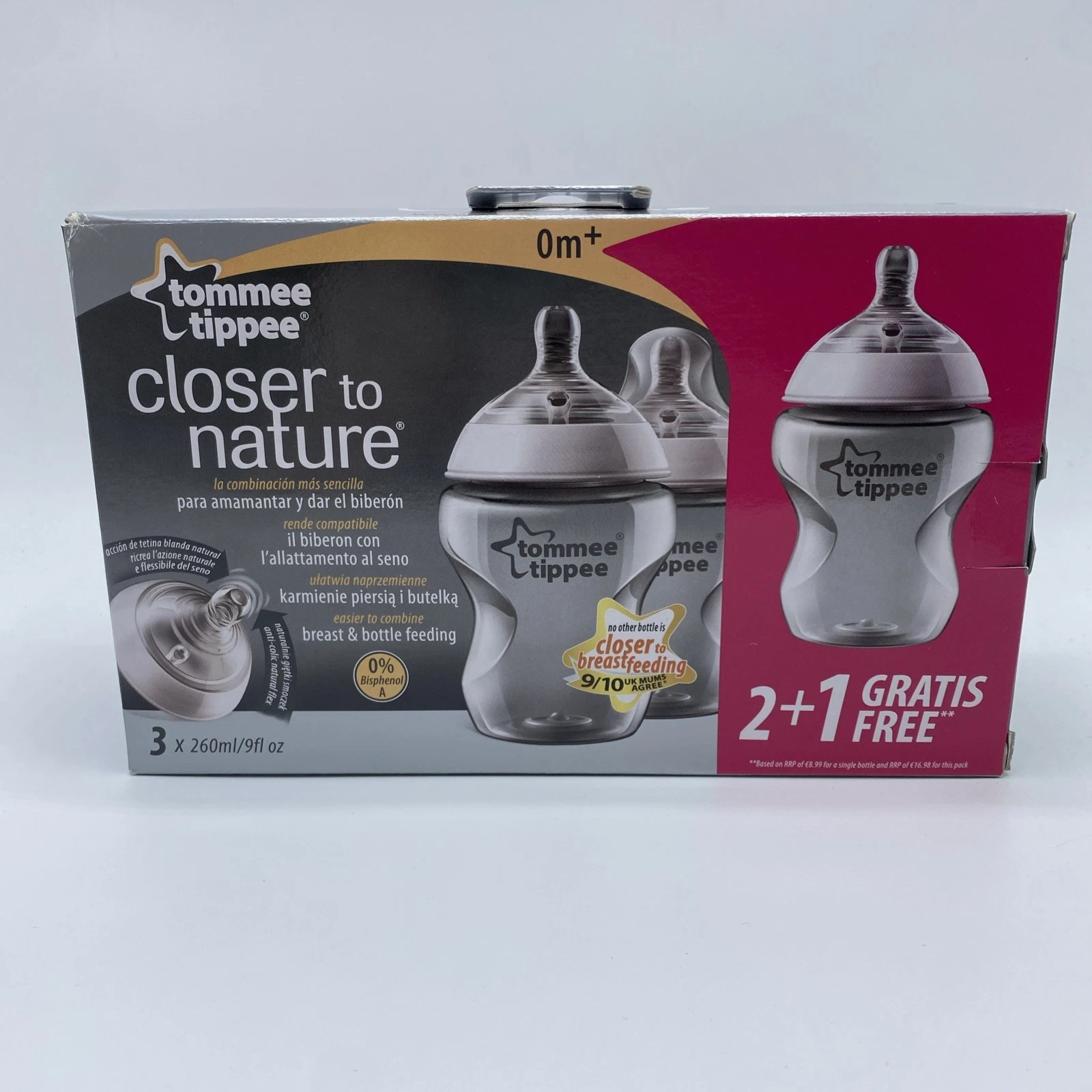 Tommee Tippee Closer to Nature Bottles Slow Flow 0 months 260ml Bottles 3x