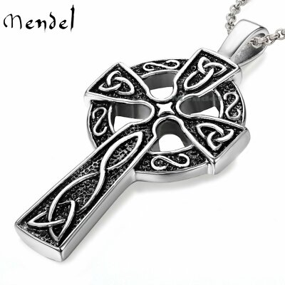 MENDEL Mens Stainless Steel Irish Celtic Knot Cross Pendant Necklace Silver Men