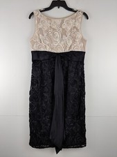 Adrianna Papell 8 Beige Black Floral Embellished Sheath Dress Midi Lined D3