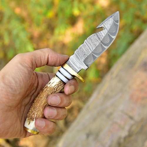 HANDMADE DAMASCUS HUNTING SKINNING KNIFE DEER STAG HORN ANTLER HANDLE GUT HOOK eBay