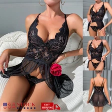 Women's Sexy Lingerie Teddy Babydoll Lace Sheer Dress G-string Set Sleepdress