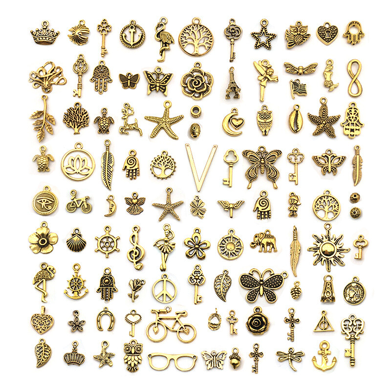 Tibetan Charms For Jewellery Making Silver Gold 100Pcs Mixed Cute Craft Metal