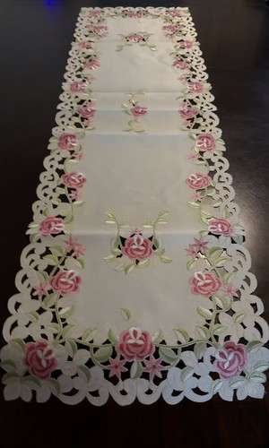 Embroidered Tablecloth Pink Floral Table Runner 15"x52" Table Topper Home Decor - Picture 2 of 3
