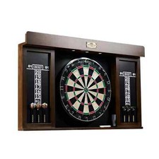 40" Dartboard Cabinet Dart Board Set w/ LED Lights 6 Steel Tip Darts Flights