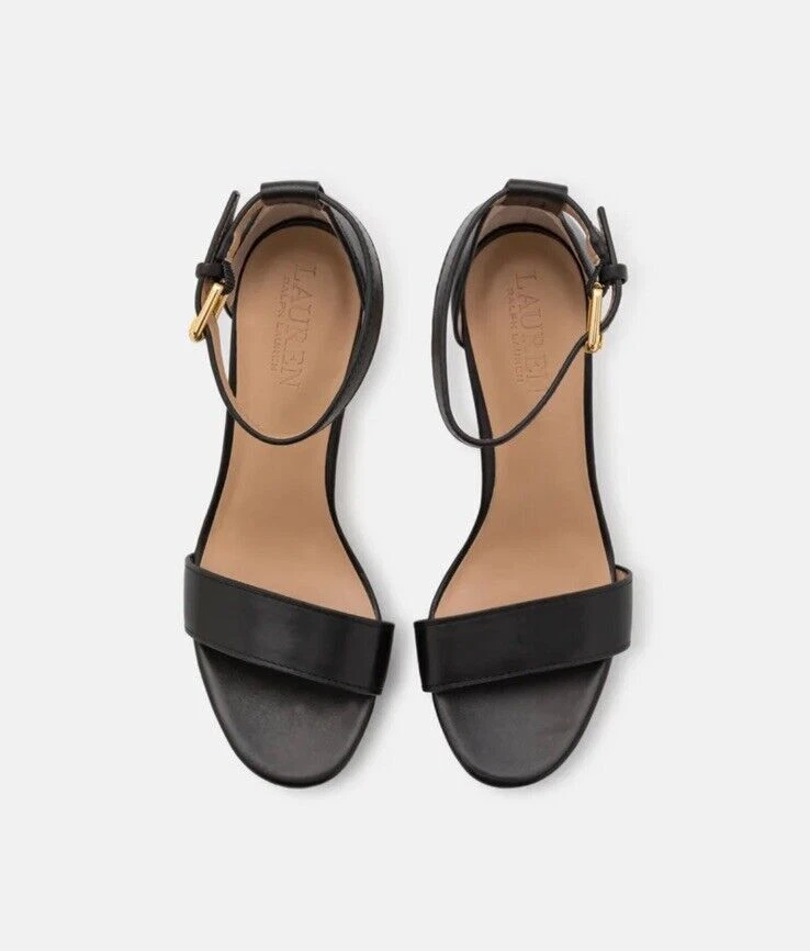 Tacones Lauren Ralph Lauren Sylvia plataforma de cuero negro punta abierta para mujer talla 11B Foto 4 de 4