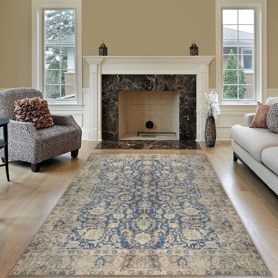 Kilimway Blue Area Rug, Pastel Vintage Oushak Blue Beige Floral Rug Washable - Image 2 of 4