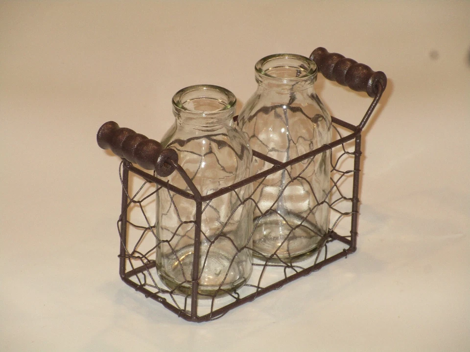 2 Glass Bottles in a Rustic Chicken Wire Basket with Handles 6.5" Long Farmhouse - Image 2 of 3
