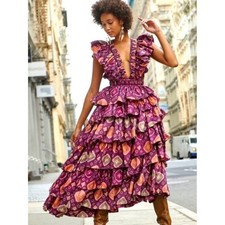 Ulla Johnson Viola Gown Plunge Ruffle Printed Midi Dress Size 0 Hibiscus Shibori