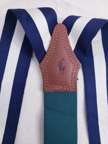 Vintage Polo By Ralph Lauren Stripe Suspenders Leather Brass Rare Made In USA - Picture 4 of 8