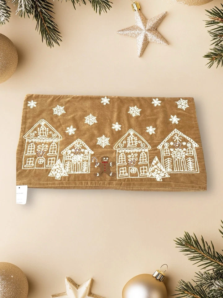 Pottery Barn Gingerbread Village Embroidered Velvet Lumbar Pillow Cover - Image 2 of 4