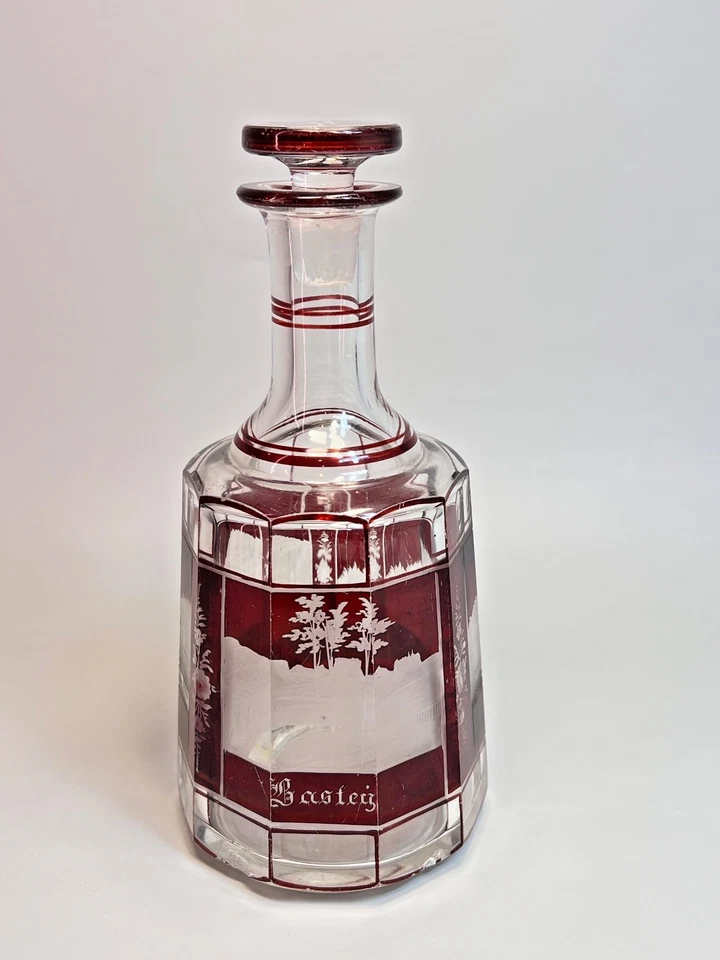 19.c Egermann Bohemian Ruby Red Cut-Clear Glass Swiss Fortress Decanter Bottle - Image 3 of 4