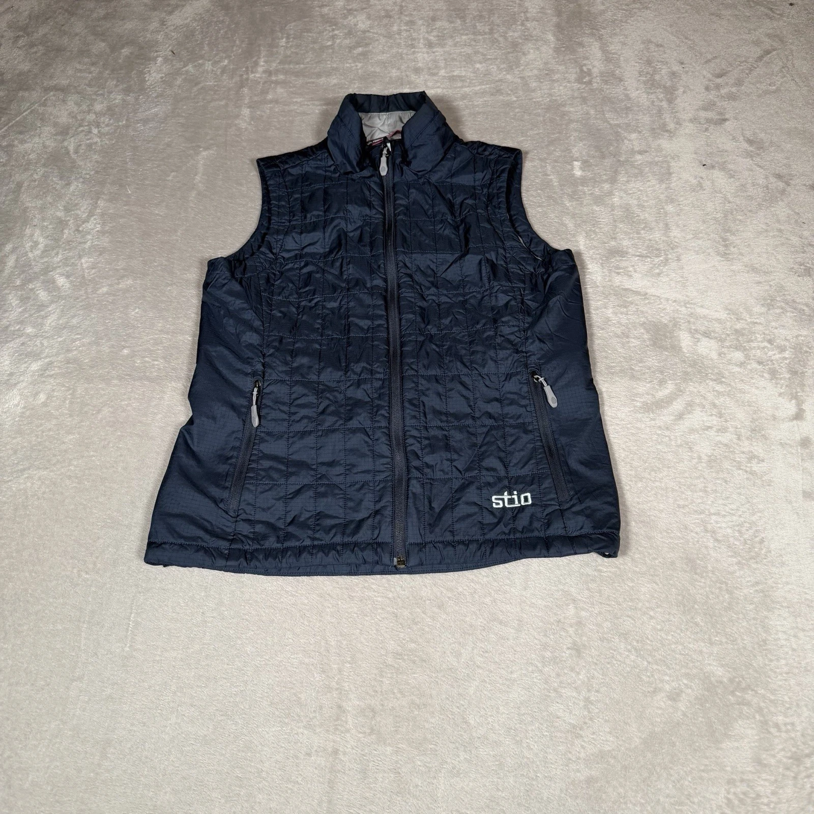 Stio Vest Mens Medium Blue Navy Down Puffer Quilted Zip Up Pockets Outdoors *