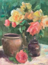 Original  Oil Art Impressionism 20”x16 Floral  Garden Roses Still Life Signed