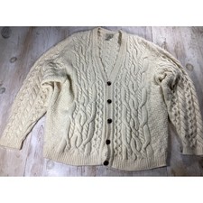 LLBean Cream Cable Knit Wool Cardigan Cobain Fisherman Men XL Ireland Chunky