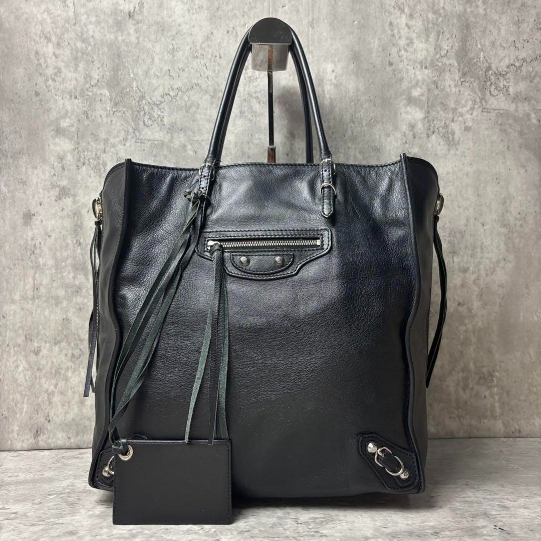 BALENCIAGA Papier Tote Leather Handbag Black W/ Mirror Used Made