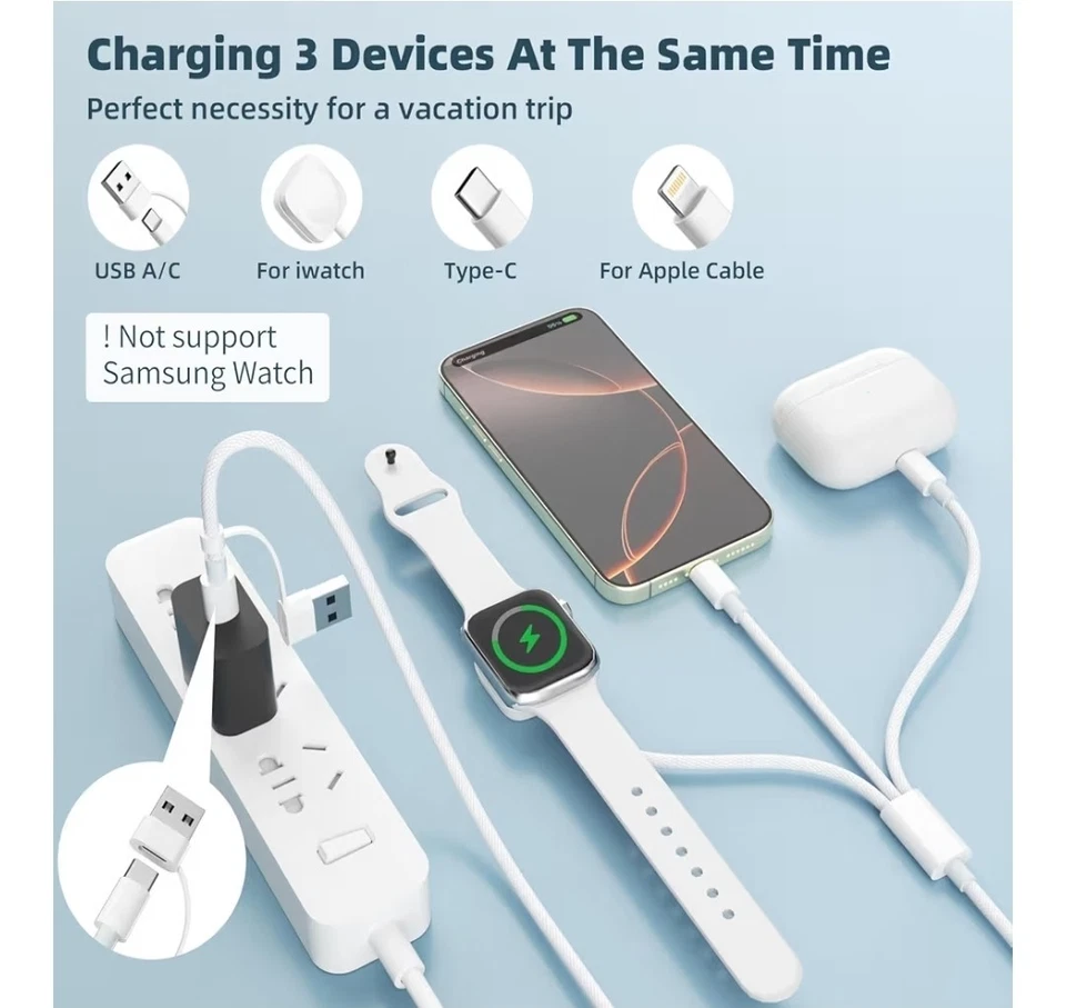 2pack 3 in 2 Multi Charging Cable Apple Watch iPhone 17-11 iPad AirPods 4FT Nylo - Image 2 of 4