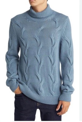 BRAX Brian Wool Blend Turtleneck Men Sweater  Size 54 US XL Blue Cable Knit
