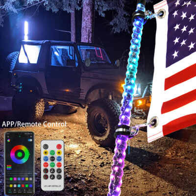 For Jeep Wrangler 1X 3ft RGB Spiral LED Whip Chasing Lights APP Remote Control