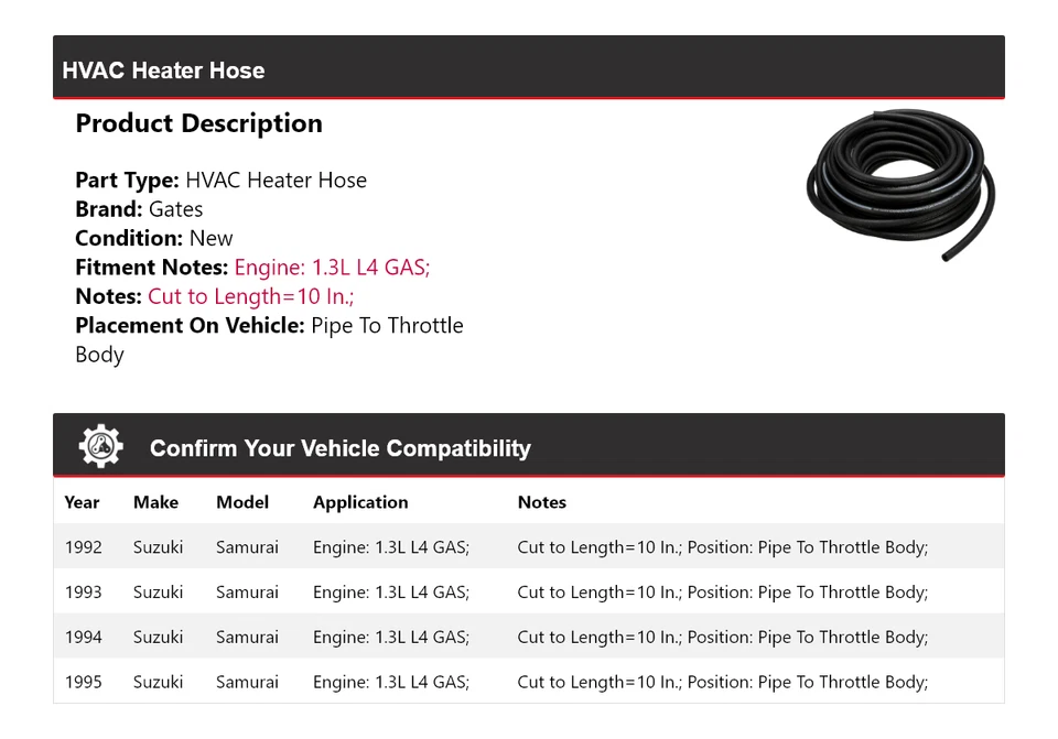 Para Suzuki Samurai 1992-1995 HVAC calentador manguera tubo a acelerador carrocería puertas 1993 Foto 2 de 4