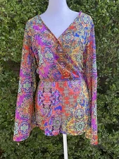 Luli Fama Colorful Floral Print Swim Romper Size S Long Sleeve Resort Tropical