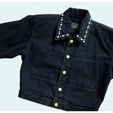 Vintage Liz Wear 80s 90s Black Denim Cropped Jacket Pearl Collar Sz Small
