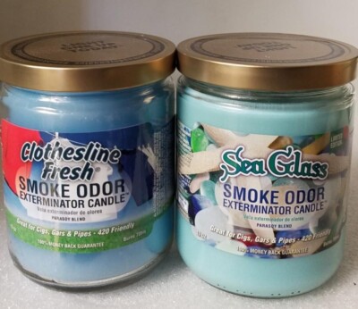 Smoke Odor 13 oz Candles 2 Fragrances Set Clothesline Fresh/Sea Glass.