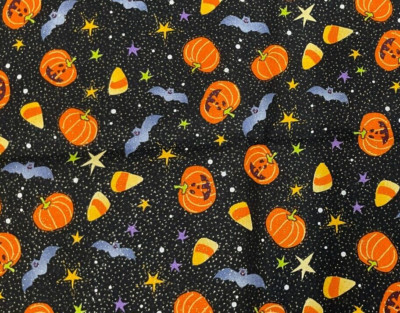 JOANN - PUMPKINS, CANDY CORN & BATS ON METALLIC BLACK-- 1/2 YARD