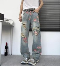 Men's Blue Denim Jeans Straight Leg Floral Printed Pants Ripped Punk Trousers