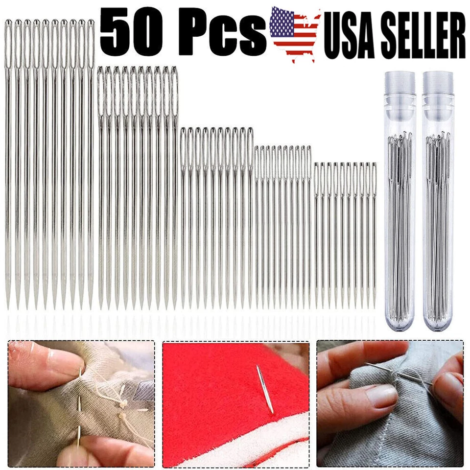 50PCS Large-Eye Needles with Storage Tube for Hand Sewing Stitching Craft 5-Size - Image 2 of 4