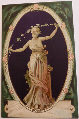 Oblaten scrap chromo Karte Jugendstil Blumen-Dame sehr schöner Rand 13,9 cm