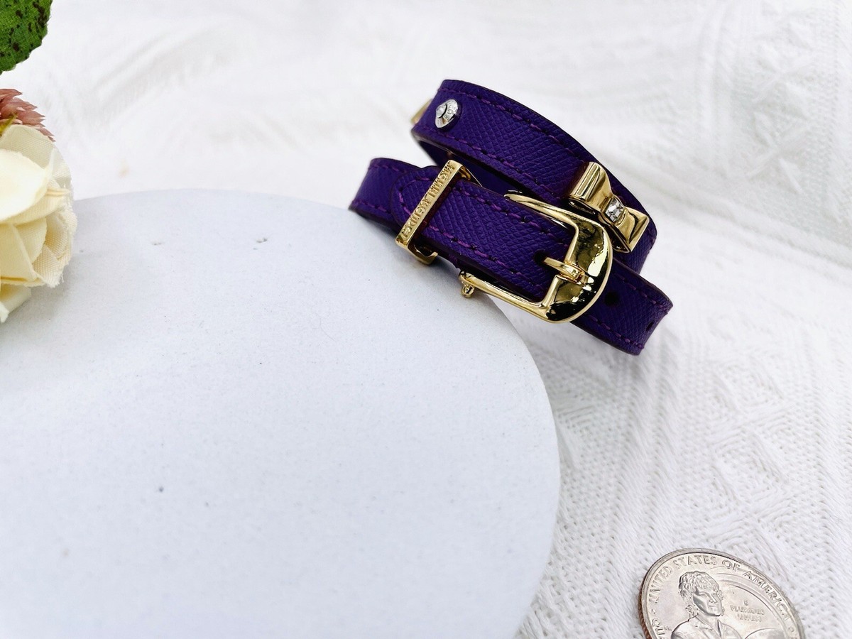 Henri Bendel Collection Purple Leather Gold Bow Crystal Logo 