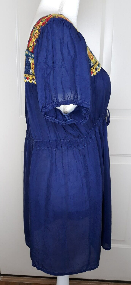 Johnny Was Embroidered Dress Navy Blue Floral Size M Rayon Bohemian Chic  Flowy | eBay
