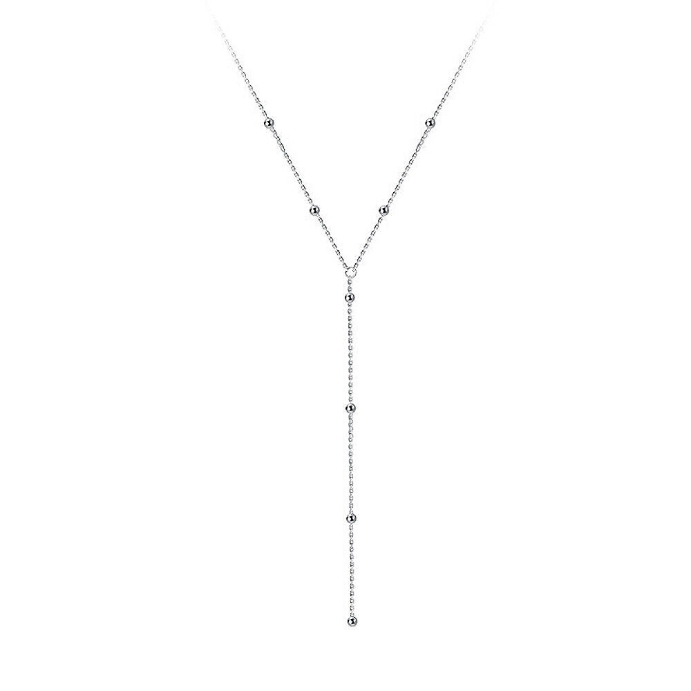 925 Sterling Silver Minimalist Lariat Y Tassel Chain Beads