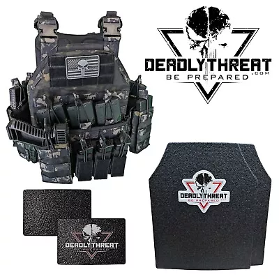 DEADLY THREAT ARMOR Urban Assault Ghost Camo Tactical Vest Plate Carrier With Level III Armor Plates