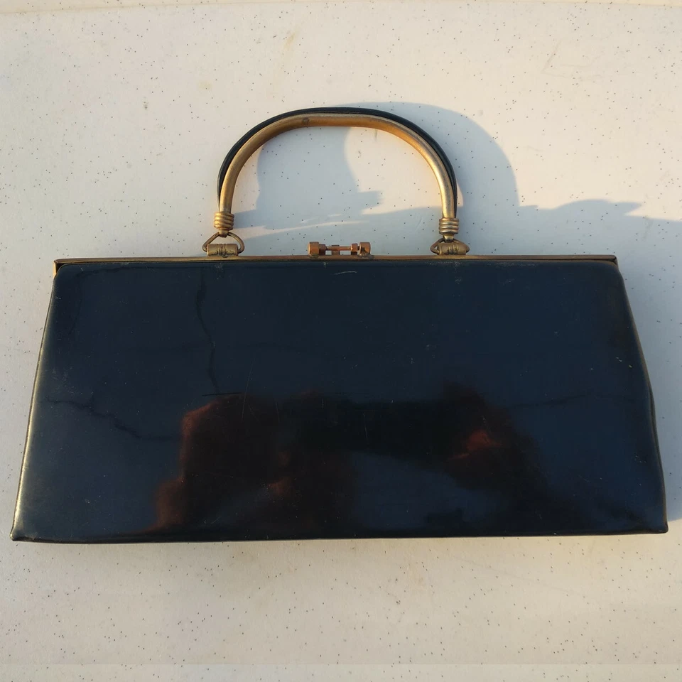 Hermoso Bolso de Mano Vintage Cartera Art Deco Laca Negra Bolso sin asas Marco de Latón Años 50 Foto 2 de 4